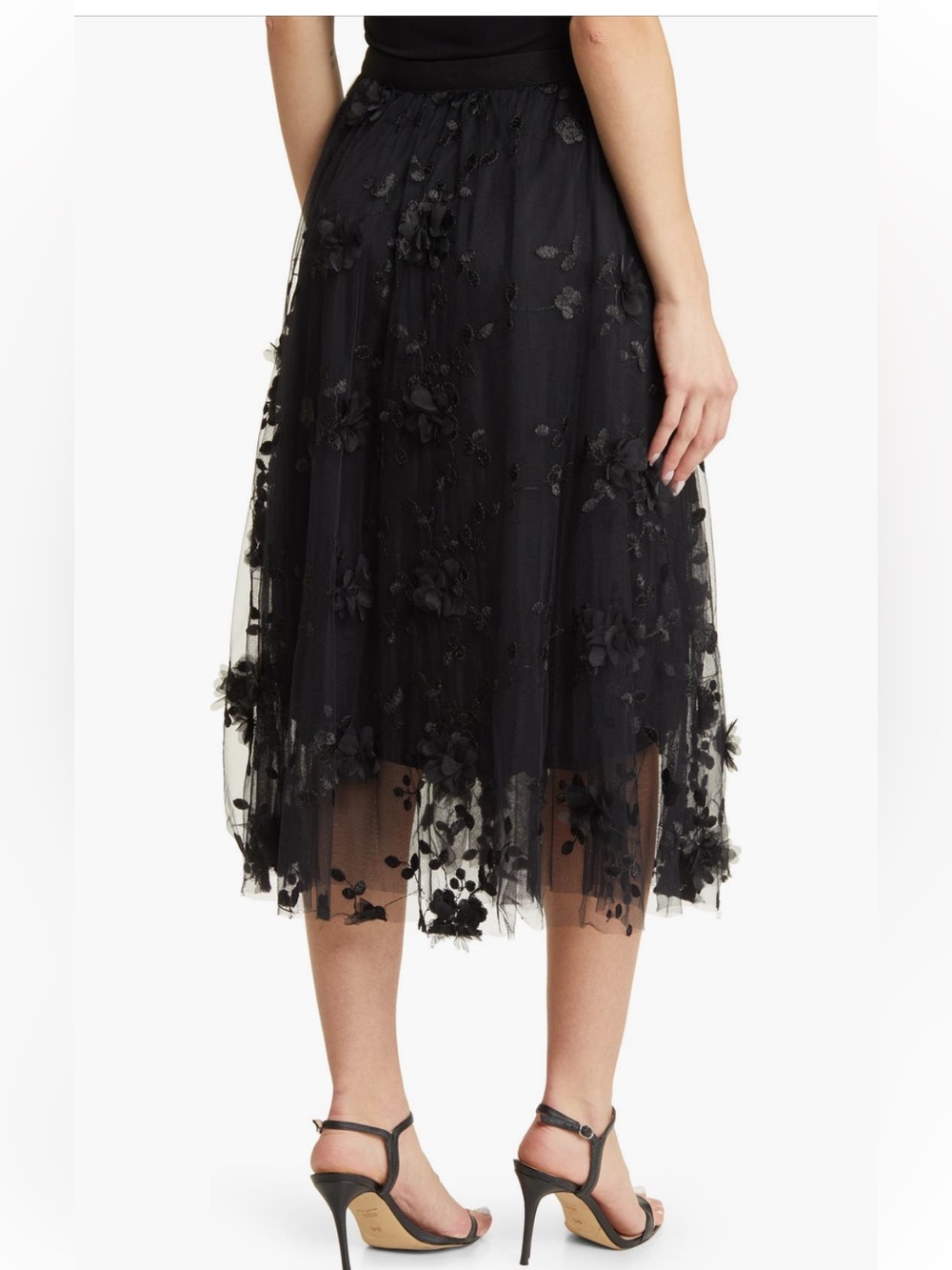 NWT Joh. Skirt black tulle 3D layered Elegant Floral Embroidered vines lace L